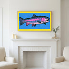 Rainbow trout art above a white fireplace with candles and eucalyptus on the mantel