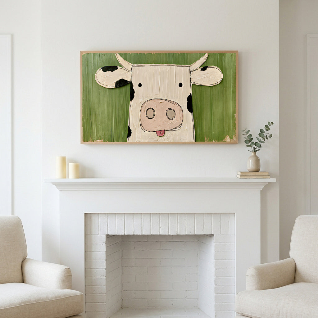 Funny cow art above a white fireplace with candles and eucalyptus on the mantel