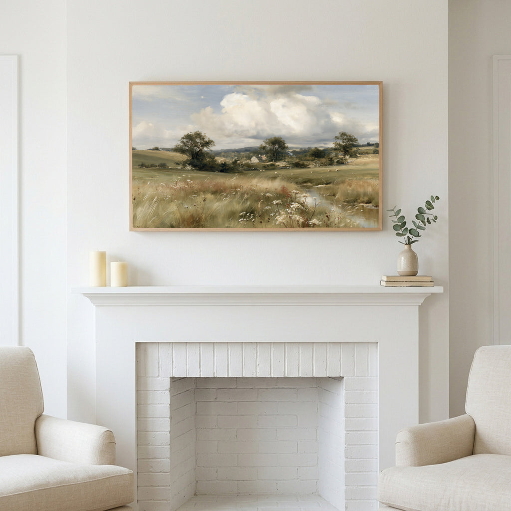 Countryside meadow and cottage art above a white fireplace with candles and eucalyptus on the mantel