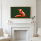 Fox and robin art above a white fireplace with candles and eucalyptus on the mantel