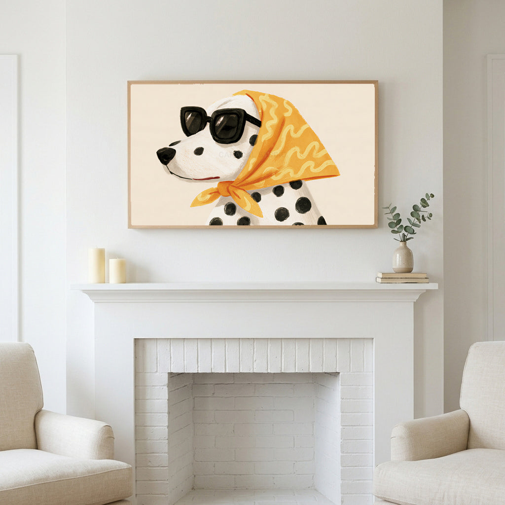 Dalmatian art above a white fireplace with candles and eucalyptus on the mantel