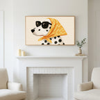 Dalmatian art above a white fireplace with candles and eucalyptus on the mantel