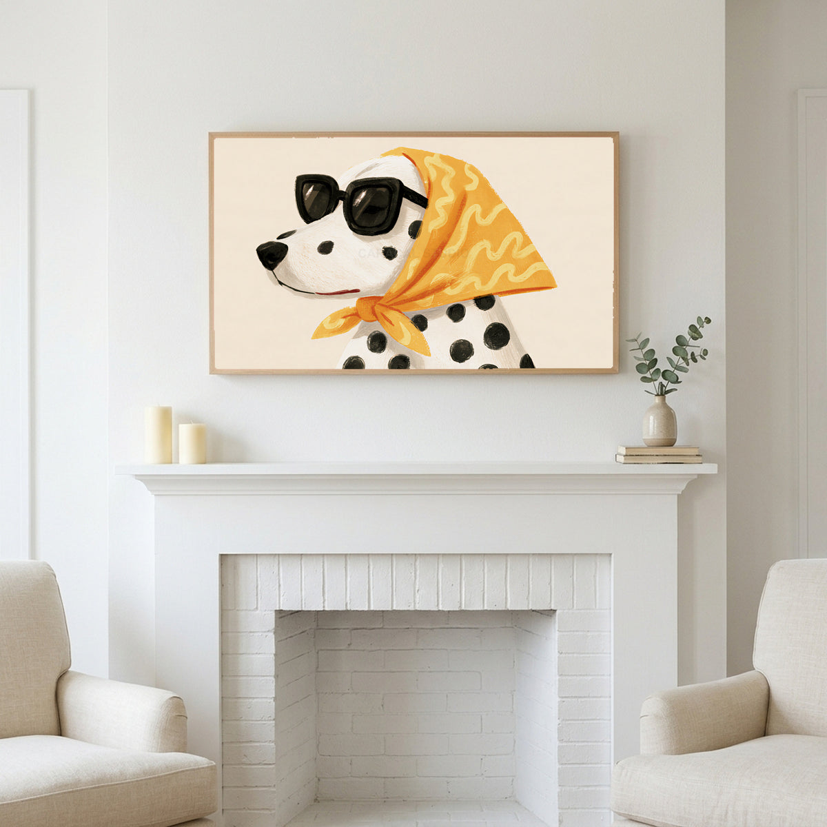 Dalmatian art above a white fireplace with candles and eucalyptus on the mantel
