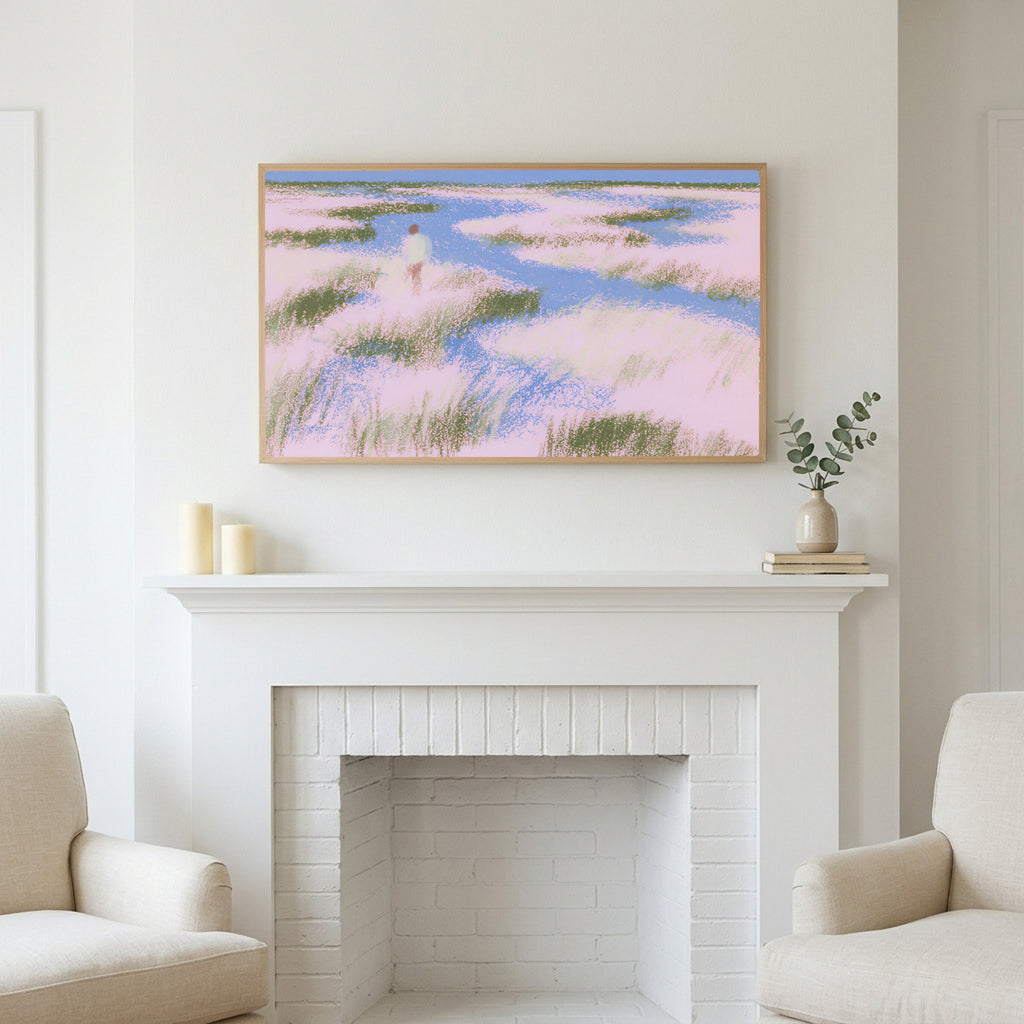 Pastel wetland walker art above a white fireplace with candles and eucalyptus on the mantel