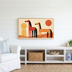 Retro horses Frame TV art above a white console with a rattan basket in a coastal living room