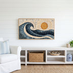 Mosaic wave Frame TV art above a white console with a rattan basket in a coastal living room