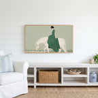 Woman riding a horse Frame TV art above a white console with a rattan basket in a coastal living room