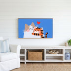 Two cats with a heart Frame TV art above a white console with a rattan basket in a coastal living room