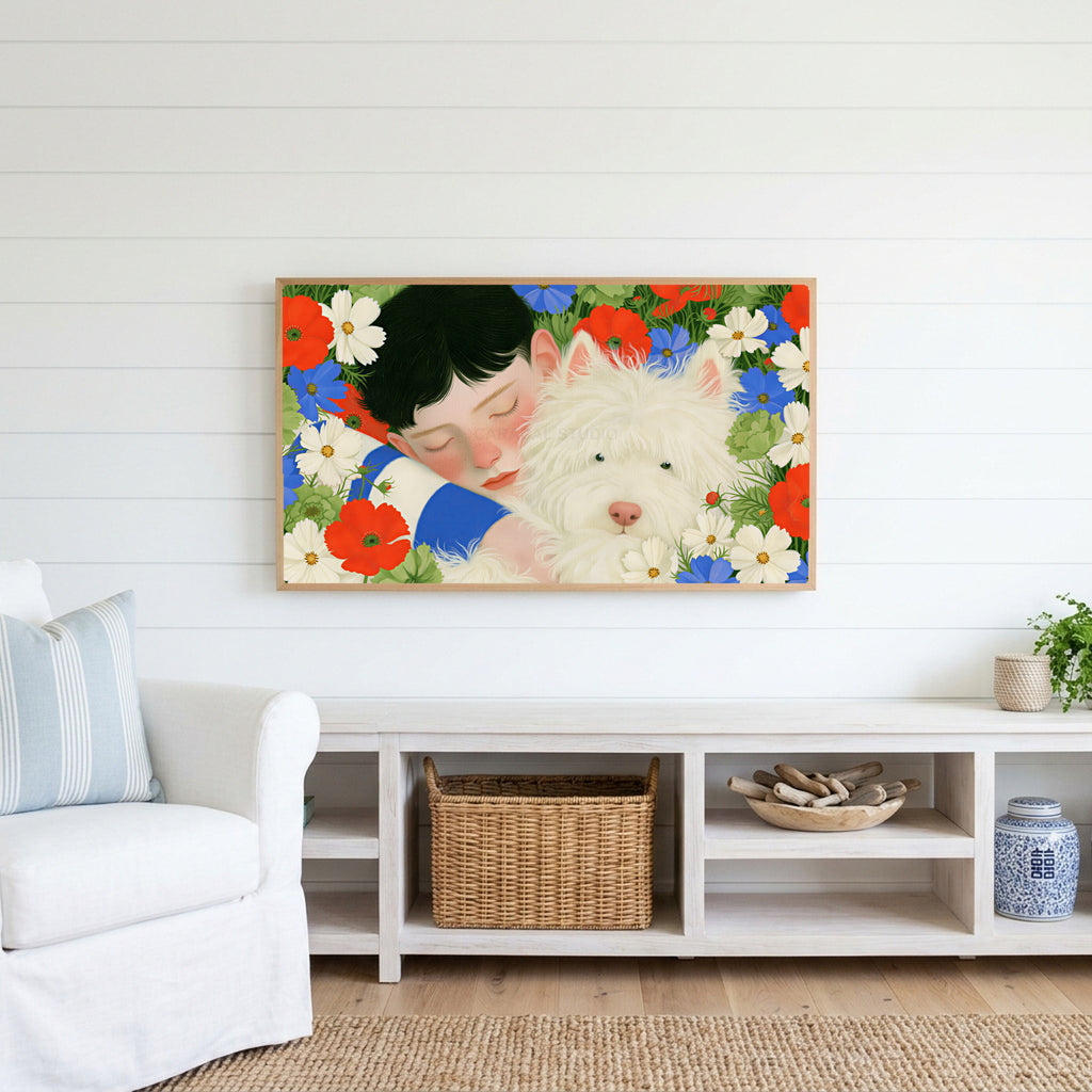 White terrier among flowers Frame TV art above a white console with a rattan basket in a coastal living room