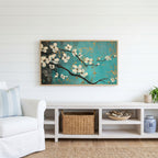 Dogwood blossom Frame TV art above a white console with a rattan basket in a coastal living room
