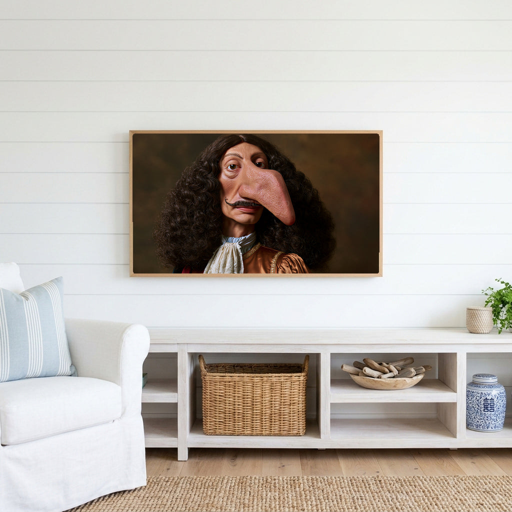 Funny baroque portrait Frame TV art above a white console with a rattan basket in a coastal living room