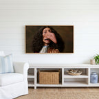 Funny baroque portrait Frame TV art above a white console with a rattan basket in a coastal living room