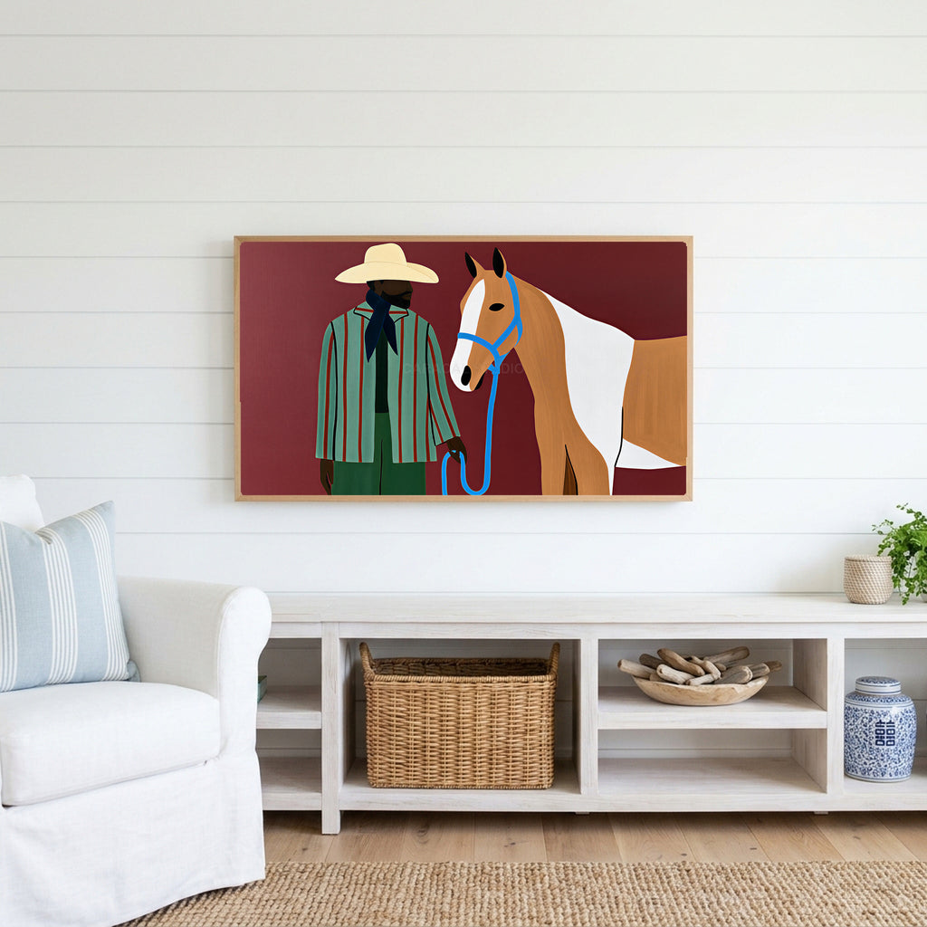 Cowboy with a horse Frame TV art above a white console with a rattan basket in a coastal living room