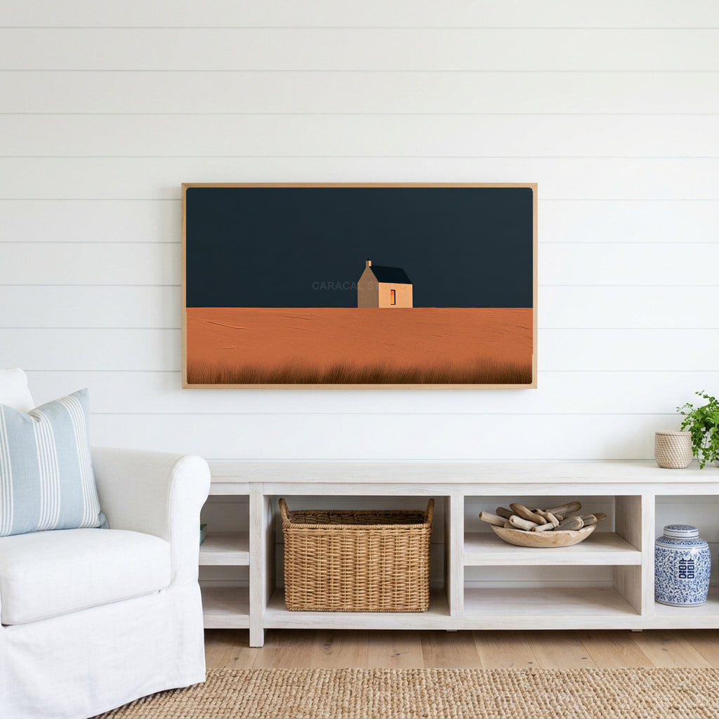 Lone cottage Frame TV art above a white console with a rattan basket in a coastal living room
