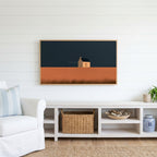 Lone cottage Frame TV art above a white console with a rattan basket in a coastal living room