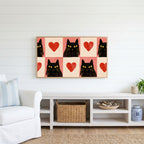 Black cat and heart Frame TV art above a white console with a rattan basket in a coastal living room