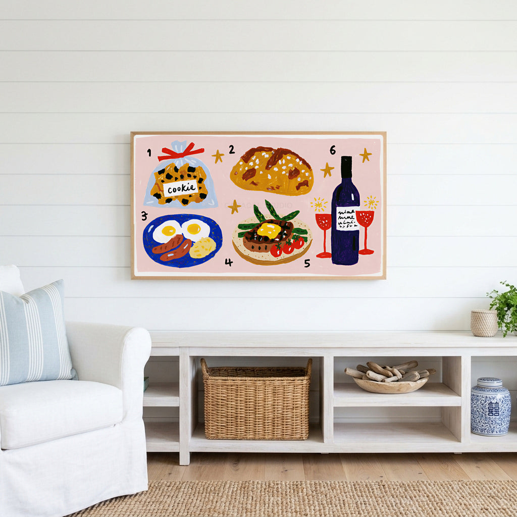 Food and wine doodles Frame TV art above a white console with a rattan basket in a coastal living room