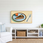 Chocolate tart and espresso Frame TV art above a white console with a rattan basket in a coastal living room