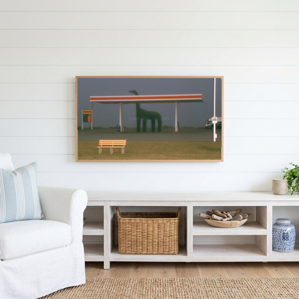Foggy gas station Frame TV art above a white console with a rattan basket in a coastal living room