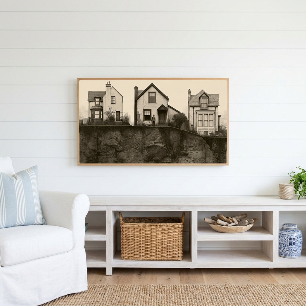 Three houses Frame TV art above a white console with a rattan basket in a coastal living room