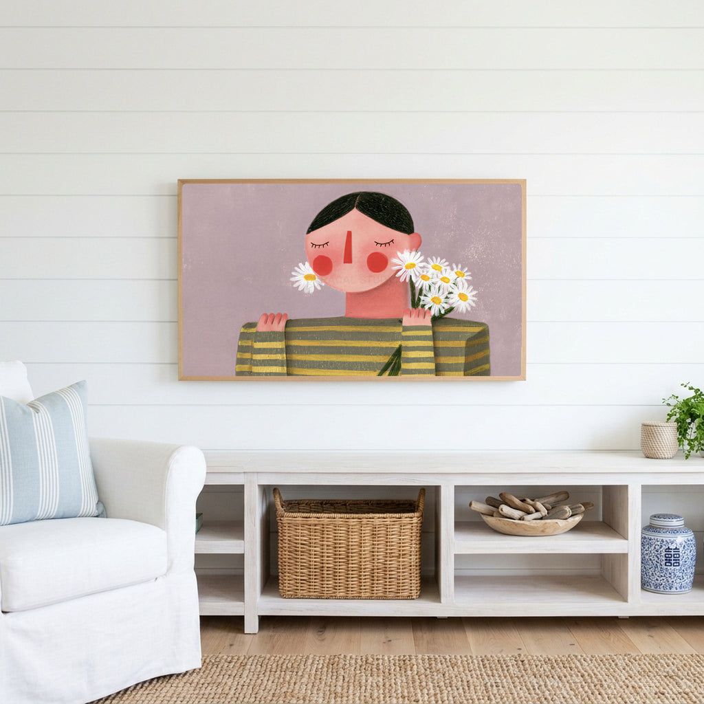 Rosy cheeks daisy portrait Frame TV art above a white console with a rattan basket in a coastal living room