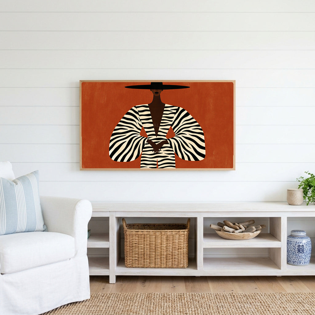 Woman in a zebra coat Frame TV art above a white console with a rattan basket in a coastal living room