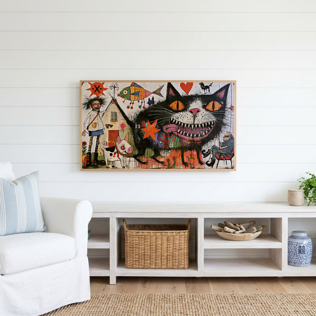 Grinning black cat Frame TV art above a white console with a rattan basket in a coastal living room