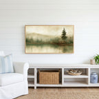 Misty lake pine Frame TV art above a white console with a rattan basket in a coastal living room