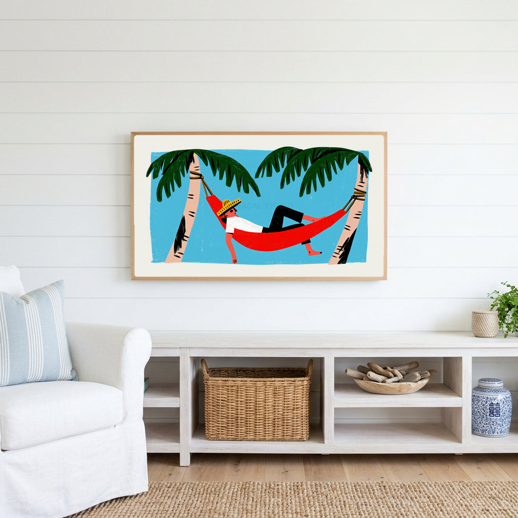 Hammock Frame TV art above a white console with a rattan basket in a coastal living room