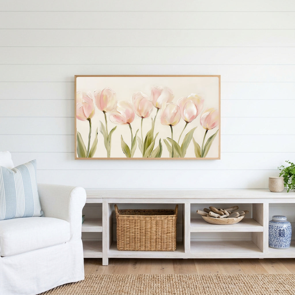 Pink tulip Frame TV art above a white console with a rattan basket in a coastal living room