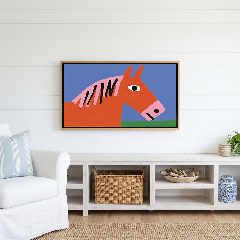 Naive horse Frame TV art above a white console with a rattan basket in a coastal living room