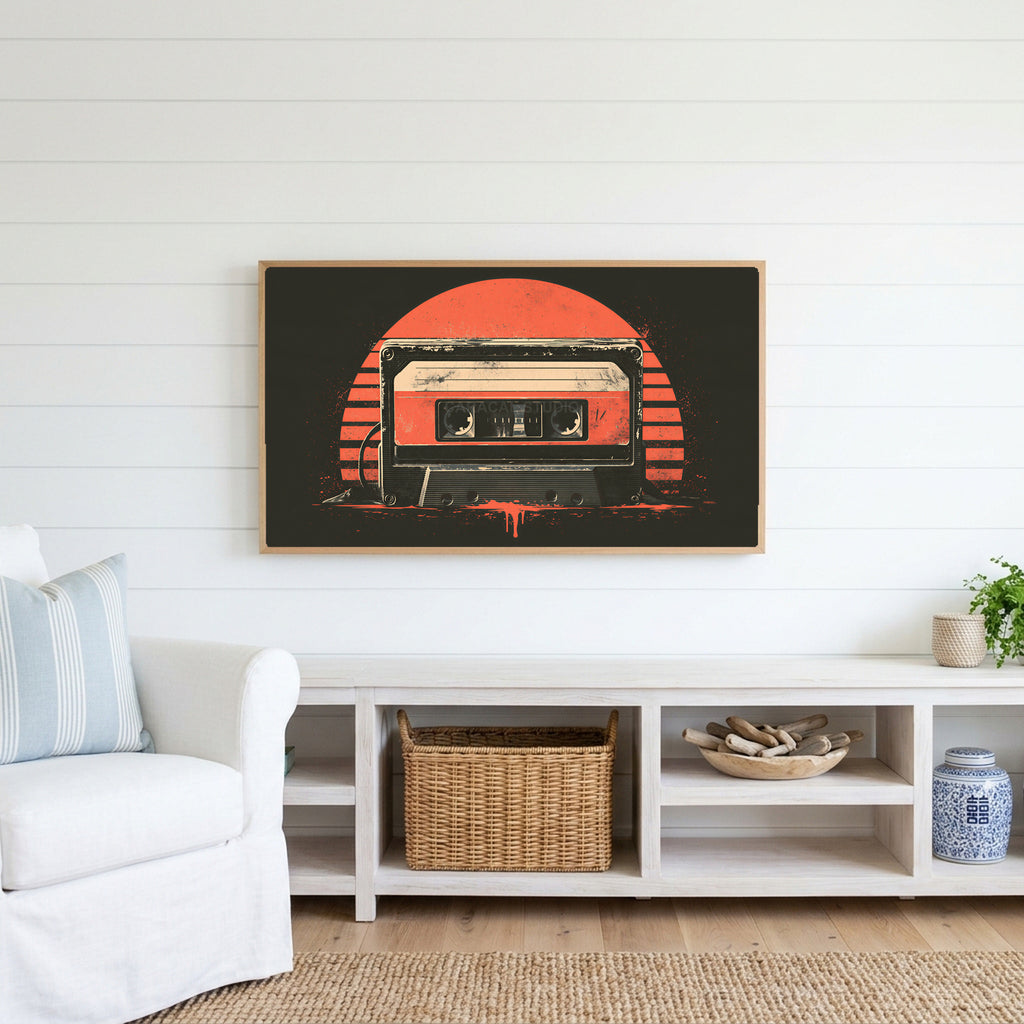 Retro cassette tape Frame TV art above a white console with a rattan basket in a coastal living room