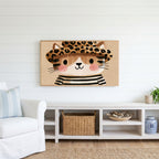Kitten in a leopard hat Frame TV art above a white console with a rattan basket in a coastal living room