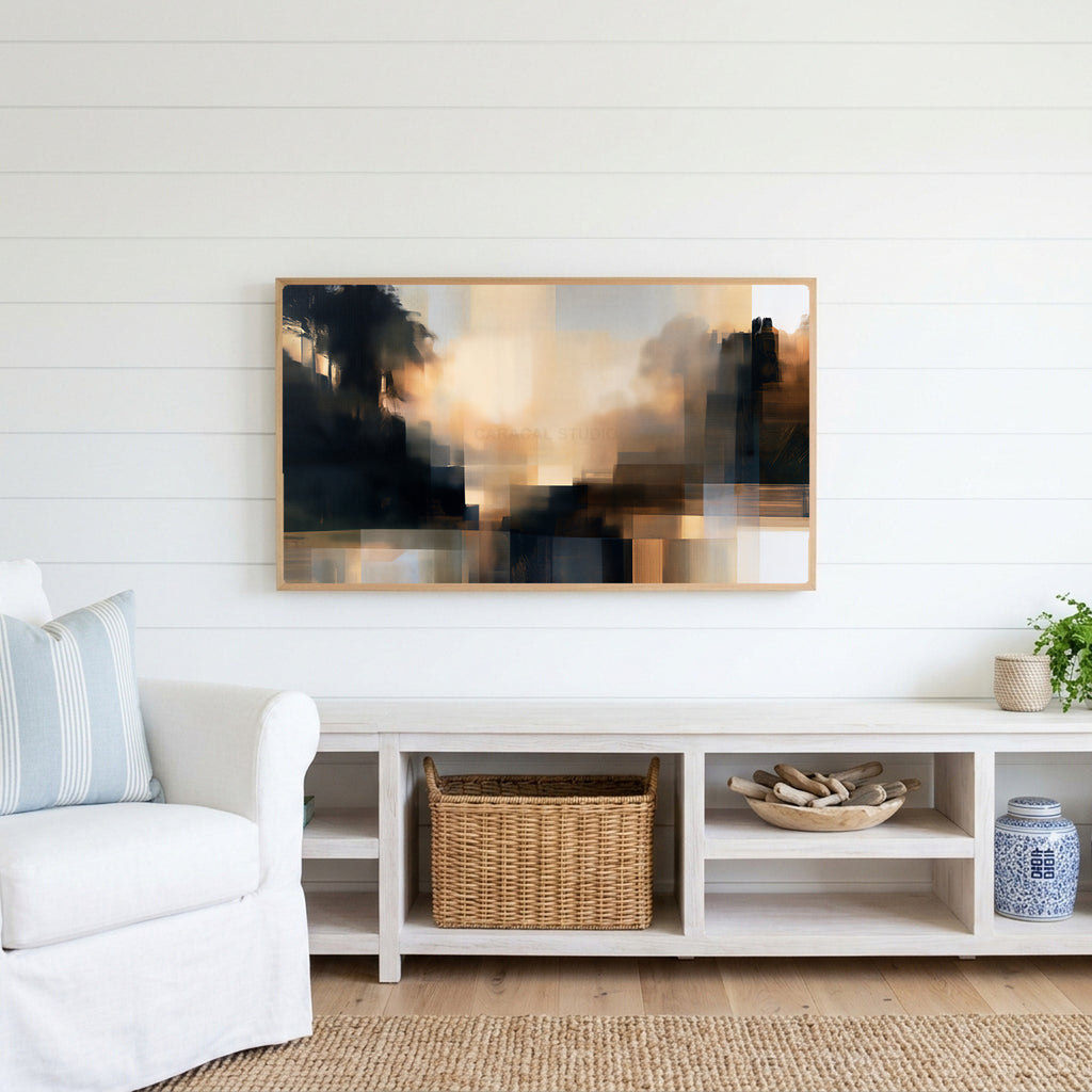 Moody abstract glow Frame TV art above a white console with a rattan basket in a coastal living room