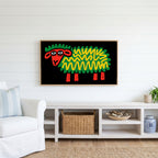 Pop art sheep Frame TV art above a white console with a rattan basket in a coastal living room