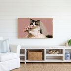 Cat bride Frame TV art above a white console with a rattan basket in a coastal living room