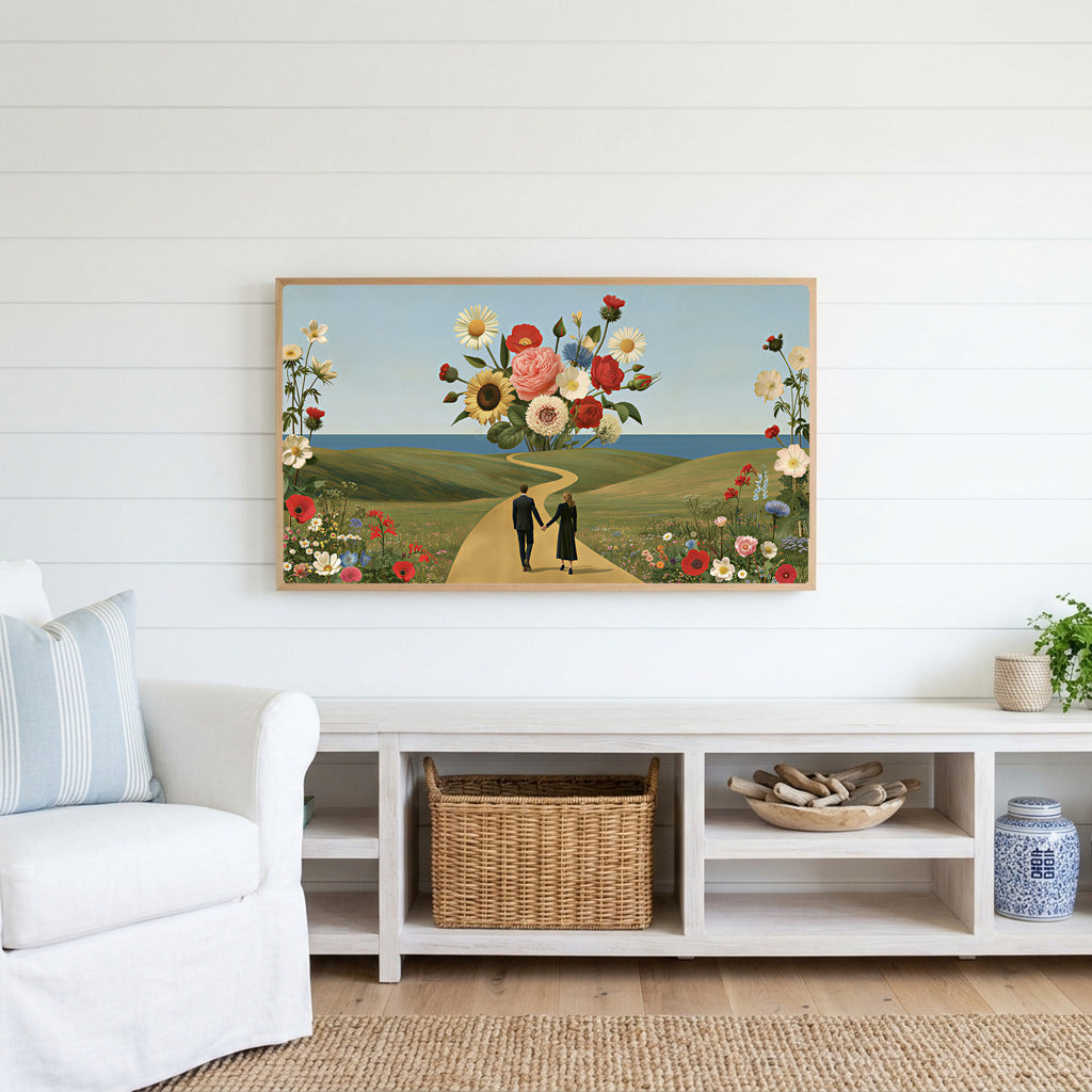 Flower collage Frame TV art above a white console with a rattan basket in a coastal living room