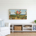 Flower collage Frame TV art above a white console with a rattan basket in a coastal living room