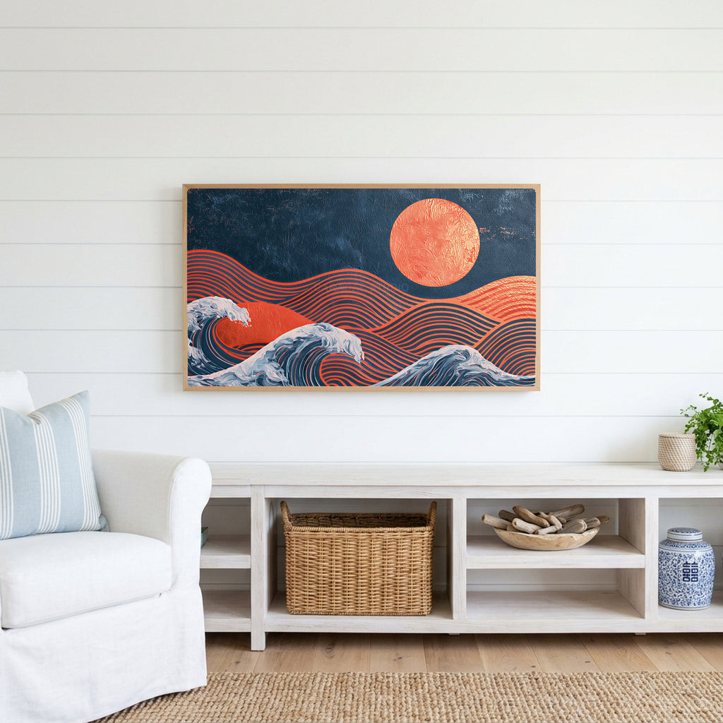 Japanese waves and sun Frame TV art above a white console with a rattan basket in a coastal living room