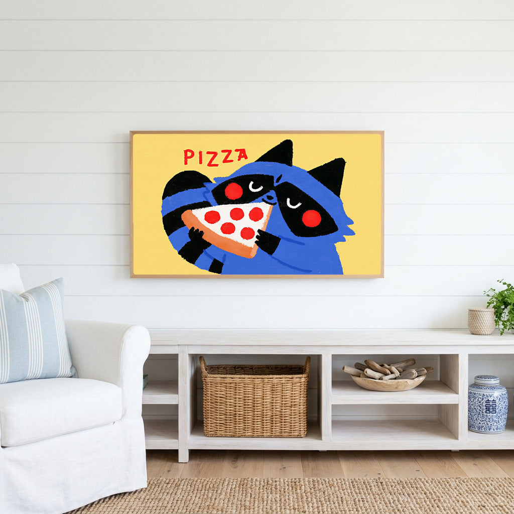 Raccoon pizza Frame TV art above a white console with a rattan basket in a coastal living room