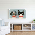 Dog and cat Frame TV art above a white console with a rattan basket in a coastal living room