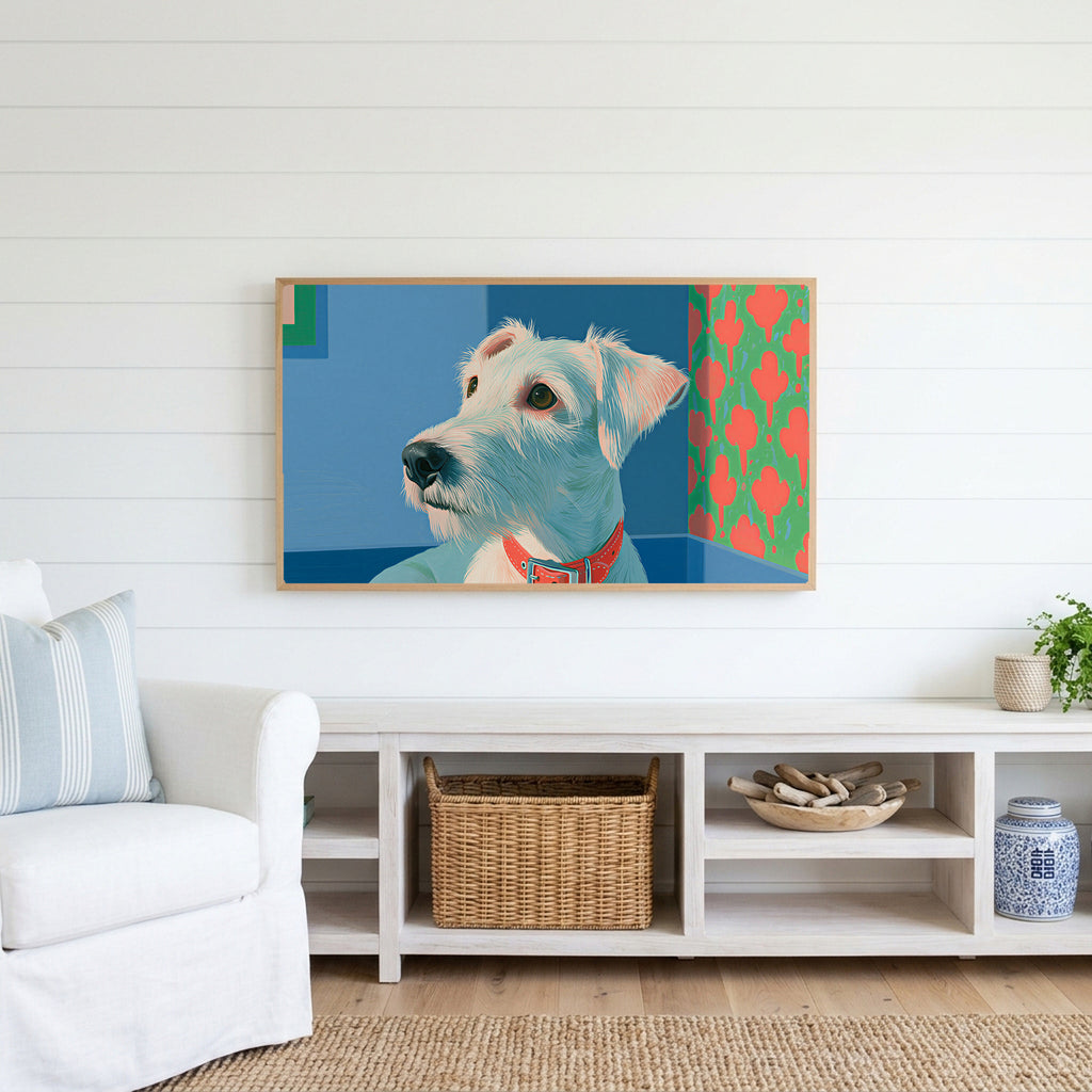 Terrier portrait Frame TV art above a white console with a rattan basket in a coastal living room