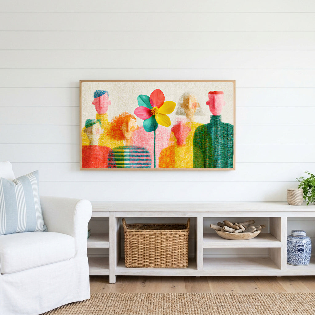 Faceless people and flower Frame TV art above a white console with a rattan basket in a coastal living room