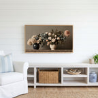 Roses and hydrangeas still life Frame TV art above a white console with a rattan basket in a coastal living room