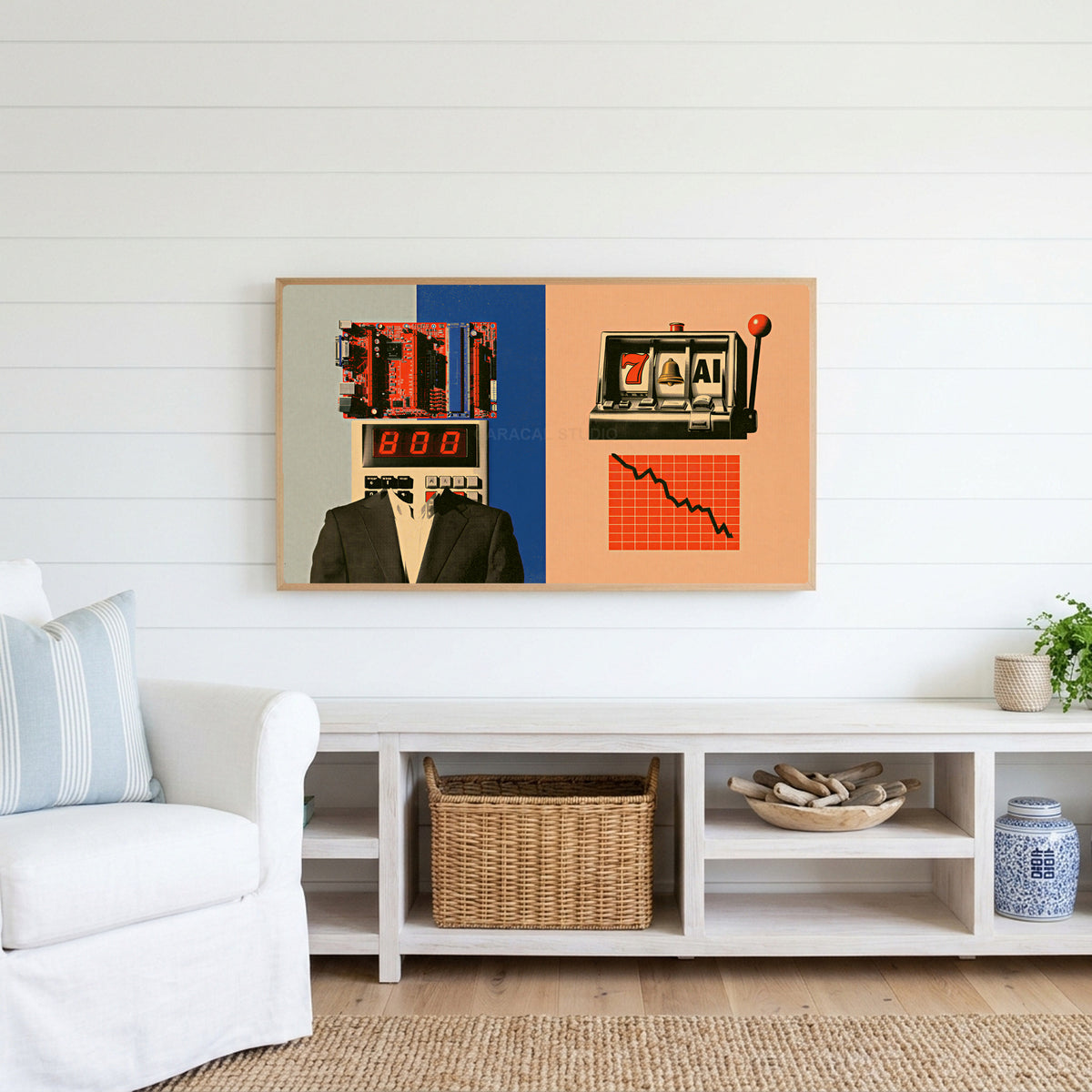 Calculator head collage Frame TV art above a white console with a rattan basket in a coastal living room