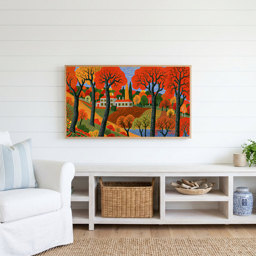Folk art autumn farmhouse Frame TV art above a white console with a rattan basket in a coastal living room