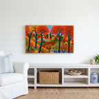 Folk art autumn farmhouse Frame TV art above a white console with a rattan basket in a coastal living room