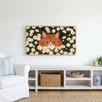 Ginger cat in daisies Frame TV art above a white console with a rattan basket in a coastal living room