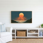 Ocean sunset Frame TV art above a white console with a rattan basket in a coastal living room