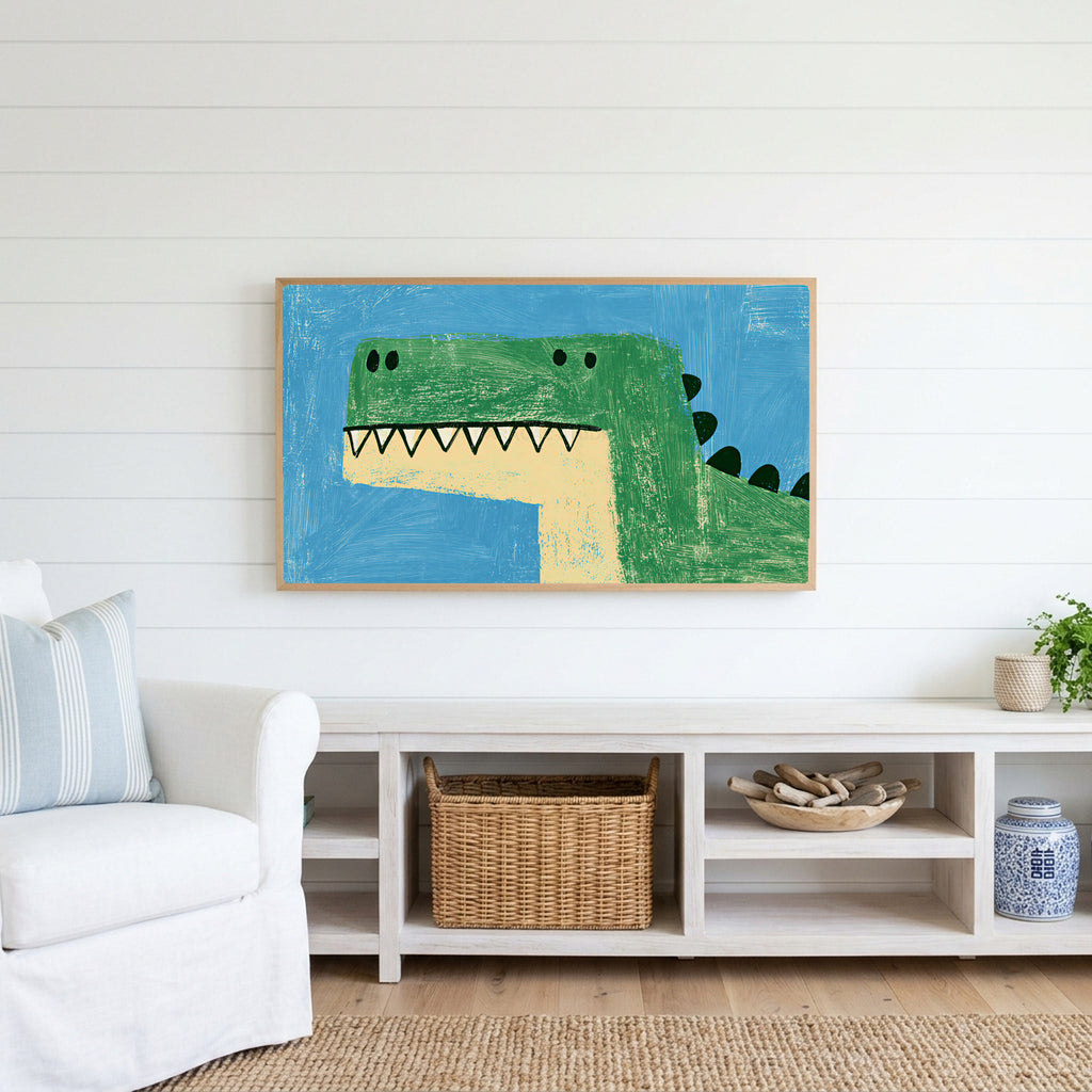 Green T rex dinosaur Frame TV art above a white console with a rattan basket in a coastal living room